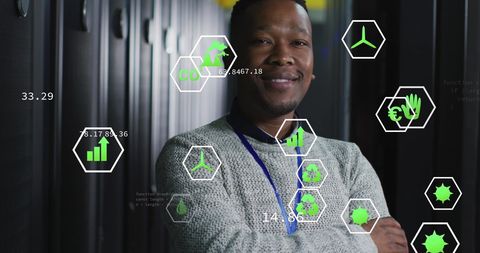 Confident IT Engineer with Data Visualization Overlays in a Server Room