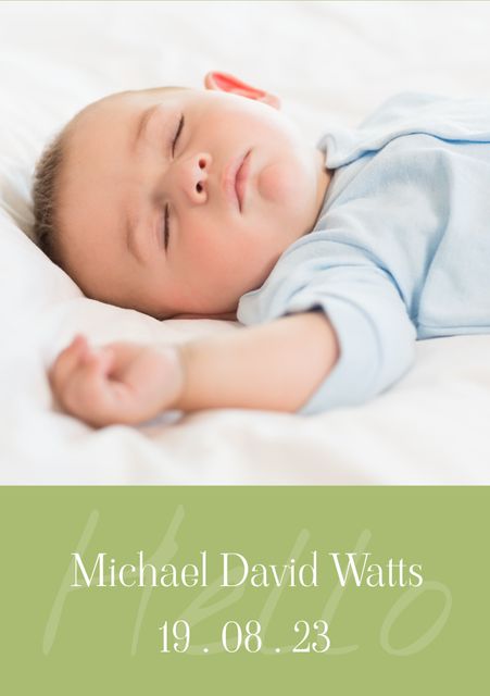 This image shows a peaceful newborn baby boy, sleeping soundly on a soft white surface, providing a serene and calm ambiance. The baby's birth name, 'Michael David Watts', and birth date, '19.08.23', are prominently displayed on a green background at the bottom. This serves as a beautiful birth announcement or a delicate touch for nursery decor. Ideal for use in baby product advertisements, parenting blogs, and designed baby announcements cards.