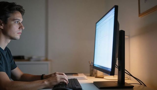 Young man typing at tidy home workstation with monitor and warm desk lamp, late-night focus