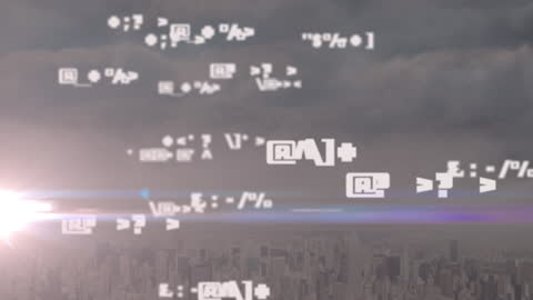 Abstract Digital Symbols Overlay on Cityscape