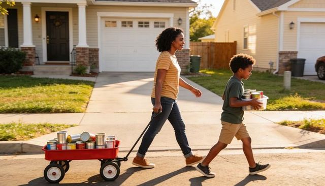 Mother and son delivering canned goods with red wagon on sunlit suburban street