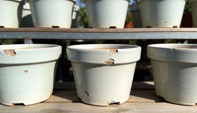 Chipped white glazed terracotta planter on wooden bench with sunlit rustic texture