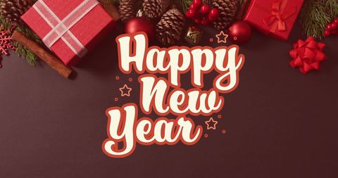Festive Happy New Year Greeting with Christmas Decorations