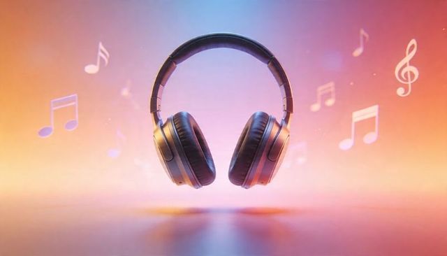 Floating wireless over-ear headphones with pastel gradient lighting and musical notes