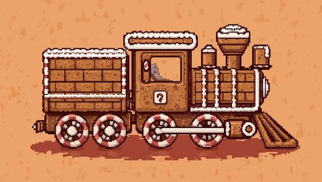 Pixel-art vintage steam locomotive and tender on speckled tan backdrop retro game asset
