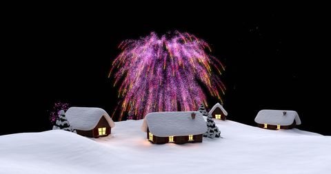 Colorful Fireworks Display Over Snowy Village on Crisp Winter Night - Download Free Stock Images Pikwizard.com