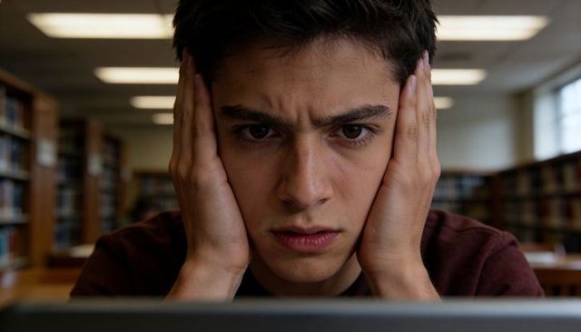 Teen student holding head in hands while concentrating on laptop in library closeup