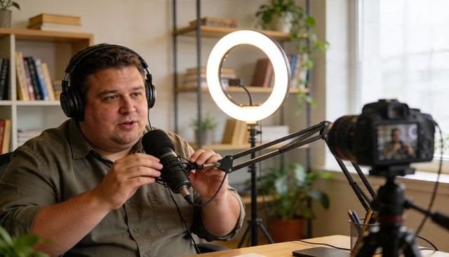 Podcast Host Recording with Microphone and Ring Light in Cozy Home Studio for Content Creators