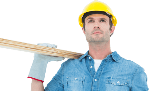 Confident Worker in Denim and Yellow Helmet Carrying Wooden Planks Transparent - Download Free Stock Videos Pikwizard.com