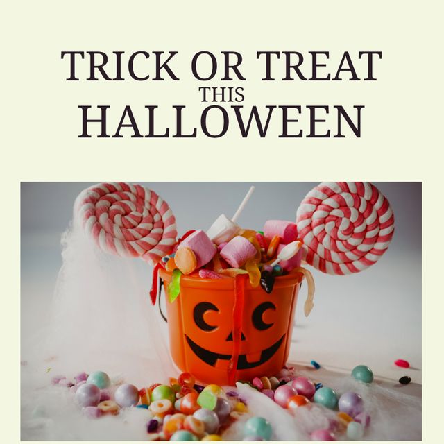Composition of trick or treat this halloween text over candy on beige background. Halloween tradition and celebration concept digitally generated image.
