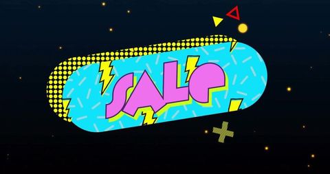 Neon retro pop art sale banner with rounded pill shape and lightning accents