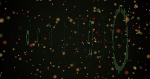 Glowing green spoked rings receding into dark digital space with warm bokeh particles