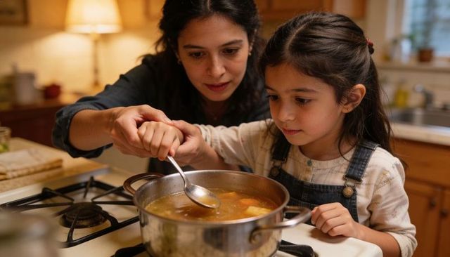 Mother guiding daughter stirring homemade soup on stove warm family cooking moment teaching