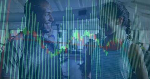 Fitness enthusiasts conversing with financial graph overlay