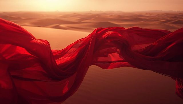 Translucent red fabric flowing over desert dunes at sunset
