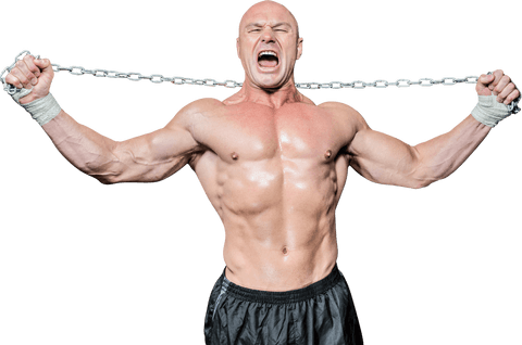 Strong athlete holding chain in powerful pose on transparent background