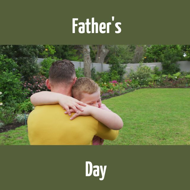 Image shows a heartfelt moment with a father and young son embracing in a lush garden, perfect for use in Father's Day promotions, family-oriented advertisements, and social media posts celebrating the bond between father and child.
