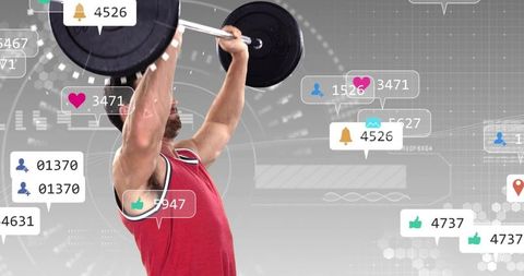 Lifting athlete holding Olympic barbell overhead with social media HUD and digital grid