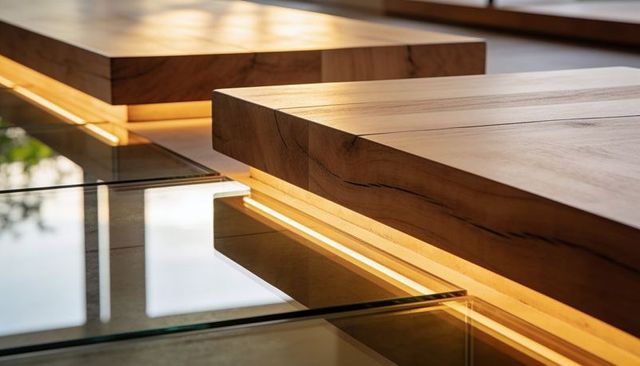 Solid wood slabs glowing under warm led, glass reflections, minimalist contemporary display