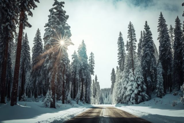 Sun shining through pine trees on a snowy winter road. Suitable for travel and adventure blogs, winter tourism promotions, scenic nature backgrounds, and inspirational materials relating to tranquility and natural beauty.