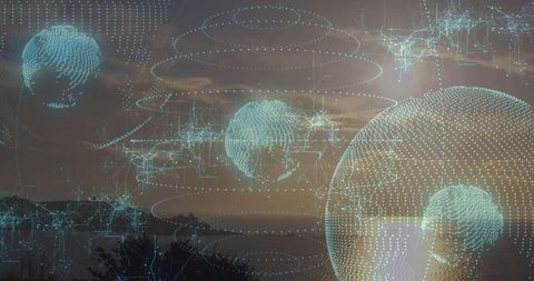 Futuristic Holographic Globes Above Scenic Dusk Landscape