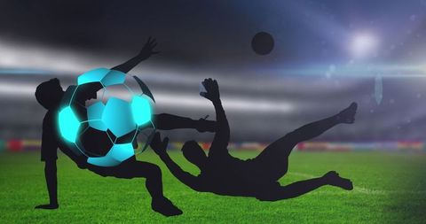 Neon Soccer Ball with Player Silhouettes at Night Stadium