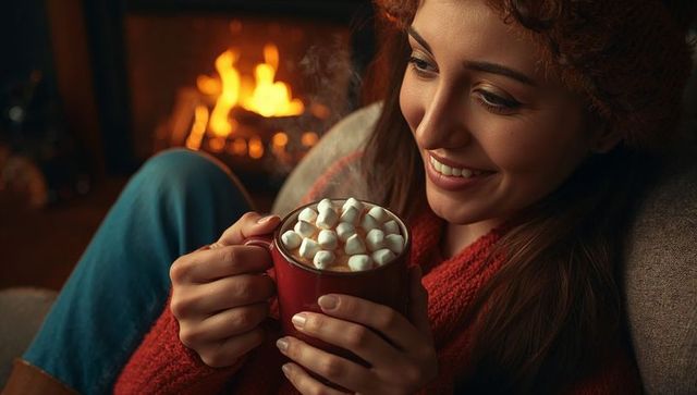 Woman Relaxing with Hot Chocolate by Fireplace in Cozy Home Interior