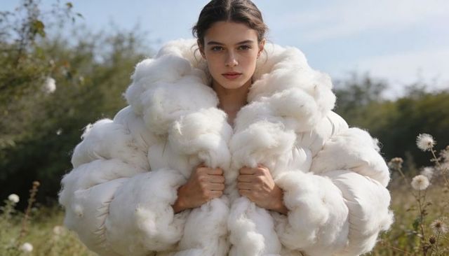 Standing model wearing oversized sculptural white puffer coat in sunlit meadow portrait