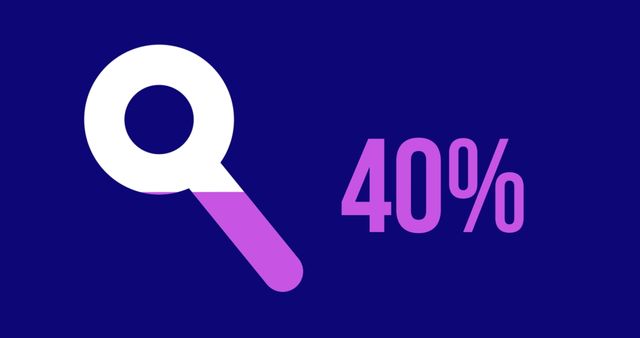 Magnifying glass graphic displaying 40 percent progress in pink against dark blue background highlights advancement or completion rates, perfect for depicting concepts related to digital progress, online searches, academic achievements, and business milestones, suitable for use in presentations, websites, and educational content.