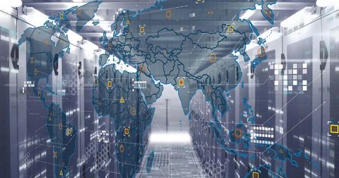 Digital World Map Overlay in Data Center Setting - Download Free Stock Images Pikwizard.com