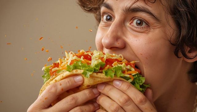Hungry young man taking giant messy taco bite with lettuce, cheese and salsa splash