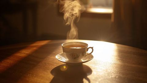 Sunlit steaming porcelain teacup on wooden table with floral saucer, morning light