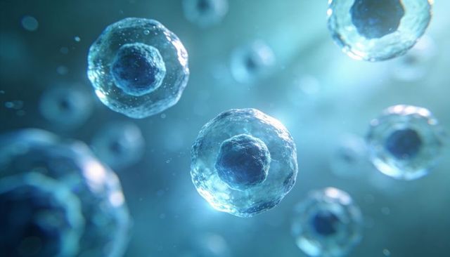 Floating translucent cells revealing membrane, cytoplasm, nucleus, teal volumetric light