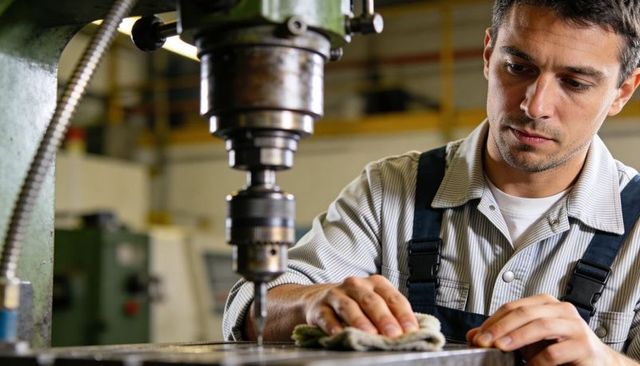 Machinist cleaning metal worktable at drill press showcasing precision maintenance