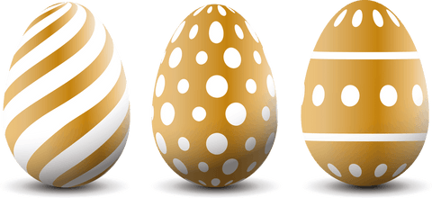 Gold and white decorative easter eggs with pattern on transparent background