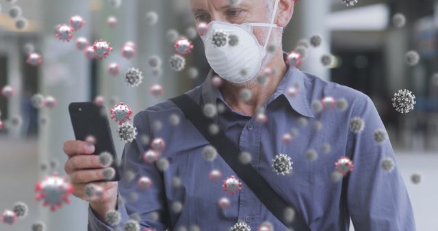 Senior Man Wearing Mask Using Smartphone Amid Virus Cells Overlay - Download Free Stock Images Pikwizard.com