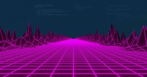 Futuristic 3D Neon Grid Landscape with Wireframe Peaks