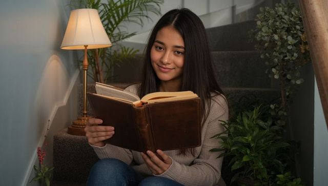 Asian woman reading vintage book on home stairs with warm lamp and indoor plants