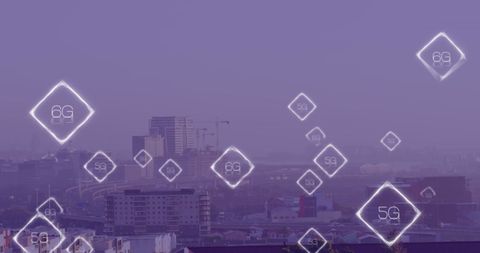 6g network overlay with modern cityscape background