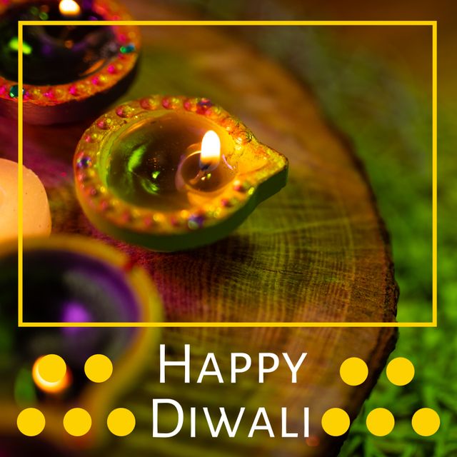 Happy Diwali Greeting Card with Lit Diyas in Rustic Setting - Download Free Stock Templates Pikwizard.com