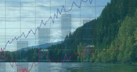 Rising Financial Graph Overlaid on Scenic Mountainous River Landscape