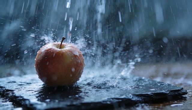 Red yellow apple receiving rain splash on dark slate, wet glossy surface, moody blue light