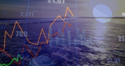 Ocean Horizon Showing Neon Line Charts, Pie Graphic and Sunrise Glare Overlay