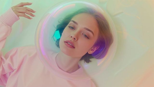 Serene Woman in Bubble with Pastel Dreamscape