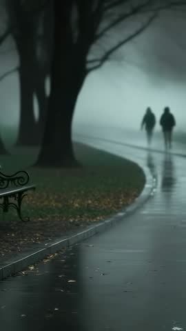 Fog Lifting Revealing Couple Walking Past Bench on Damp Park Path Vertical Video