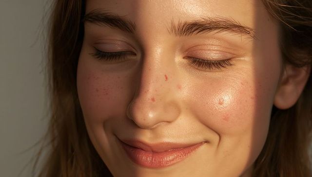 Smiling woman showing freckles and sunlit glow, closeup natural skin texture