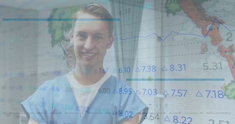 Smiling Doctor with Digital Data Overlay on Healthcare Analytics