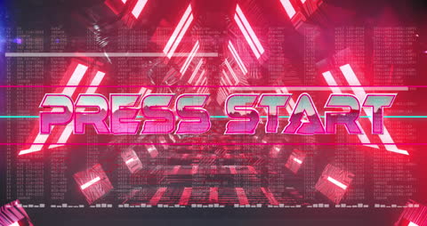 Press Start Text Glowing in Futuristic Neon Tunnel Environment