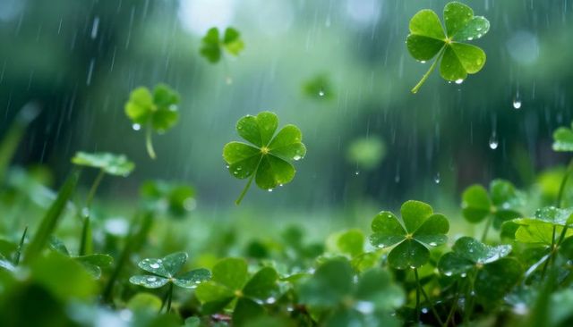 Floating four-leaf clover hovering over clover patch in gentle rain with dewdrops and bokeh