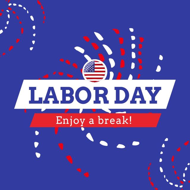 Illustration of labor day enjoy a break text, flag of america icon on blue background. Holiday, honor and recognize the american labor movement, celebration, appreciation of works and contributions.
